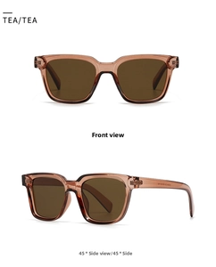 Detail view of tea brown square sunglasses showing front and 45-degree side angles
