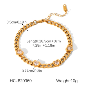 Detail of 18K gold plated Cuban link bracelet with heart zircons and size measurements