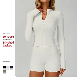 Women Ribbed Slim Fit Yoga Jacket Stand Collar Full Zip Workout Athletic Running Outdoor Windproof Sportswear Top