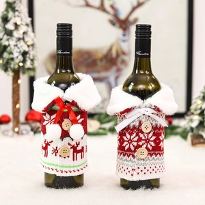 Christmas Wine Bottle Cover Knitted Sweater Faux Fur Collar Wood Buttons Snowflake Reindeer Patterns Holiday Table Decor