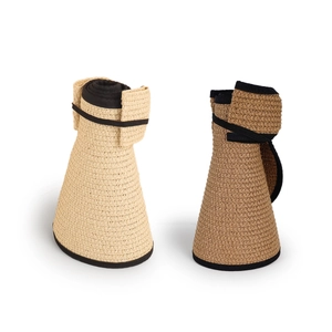 Portable roll-up wide brim straw sun hat for women in beige and brown colors