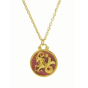 Gold Capricorn constellation necklace with round red pendant on a polished chain