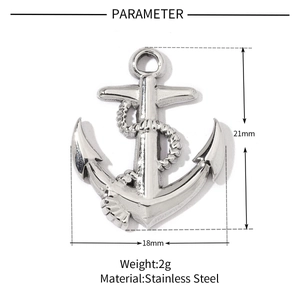 Detailed view of silver stainless steel anchor pendant with size dimensions 21x18mm