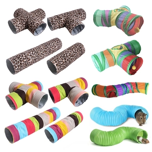 Collage of small pet tunnels in rainbow canvas, leopard print, and plastic for hamsters