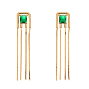Vintage gold tassel earrings featuring a square green gemstone in a geometric metal frame