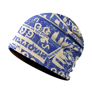 Blue and beige knitted beanie with artistic newspaper letter print for street fashion