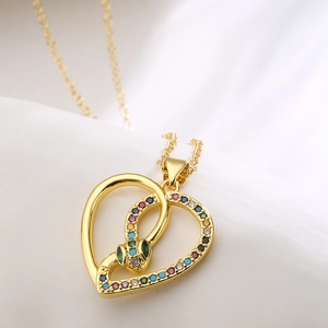 18K gold plated heart and snake pendant necklace with multi-color zircon micro-inlay