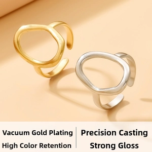 Macro view of gold and silver plated hollow geometric rings with precision casting
