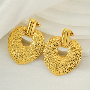 Textured 18K gold plated stainless steel heart geometric earrings on white display