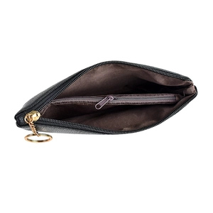 Minimalist black PU leather small square bag featuring gold zipper and interior pocket