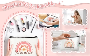 Detailed view of printed canvas makeup bags showing zipper closure and internal storage