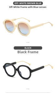 Detail view of vintage round sunglasses in off-white and black with gold metal temples
