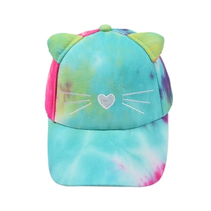 Bunte Tie-Dye Kinder Baseballkappe mit süßen Katzenohren und gesticktem Herzmuster