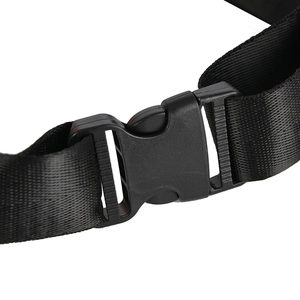 Detail of durable black plastic buckle and high-density nylon webbing strap for waist bags