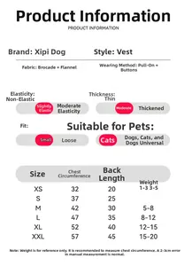 Detailed size guide table for pet Tang suit vest with chest and back length measurements