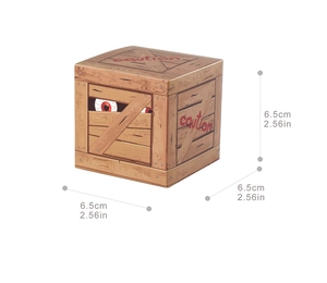 Detailed view of pirate treasure gift box with caution text and dimensions 6.5cm