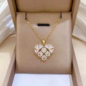 Heart Shaped Pendant Necklace Stainless Steel Chain Copper Zircon Inlaid Hollow Geometric Sparkly Jewelry For Women