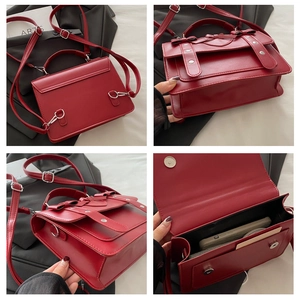 Detailed views of vintage red messenger bag with bows and internal storage layout