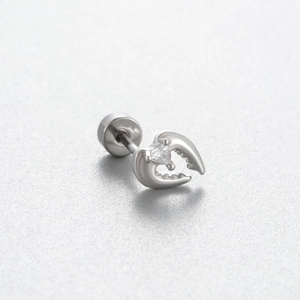Silver curved heart cartilage stud with clear zircon and flat screw back closure