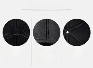 Detail view of the durable PU leather stitching and reinforced top rivet on winter cap