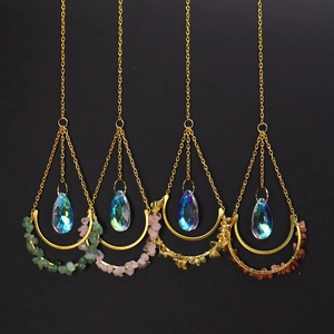 Crystal Suncatcher Moon Hanging Decoration Natural Stone Chips Rainbow Maker Window Ornament Handmade Golden Metal Chain