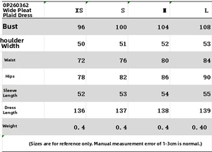 Detailed size chart for the casual wide pleated plaid maxi dress with fit measurements