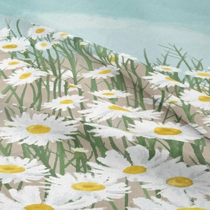 Detailed macro view of daisy floral print on textured beige linen tapestry fabric