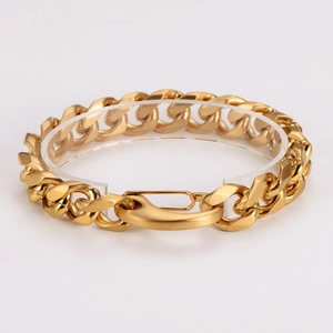 Close-up of golden Cuban link bracelet featuring a large lobster clasp on a white background