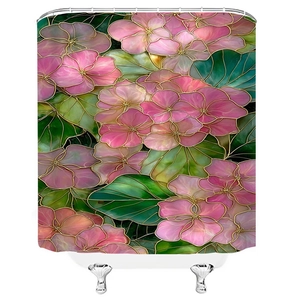 Close-up of floral shower curtain with stained glass art style and pink flower patterns