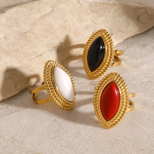 18k gold plated stainless steel marquise agate adjustable rings in black, red and white