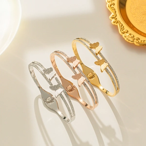 Fashion Double Layered Butterfly Titanium Steel Bangle For Women Elegant Rhinestone Inlaid Open Cuff Bracelet Jewelry Gift