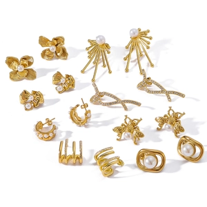 French vintage 18K gold plated earring set featuring floral, bee, and pearl designs