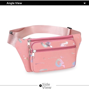 Detail of pink nylon fanny pack featuring holographic graphic print and three zipper pockets