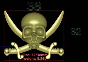 Technical sketch of pirate skull and crossbones brooch with dimensions 32x38mm