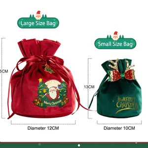Red and green velvet Christmas drawstring gift bags with Santa and gold reindeer antler motifs