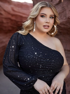 Detail of black one-shoulder sequin party dress with long sleeves and shimmering fabric