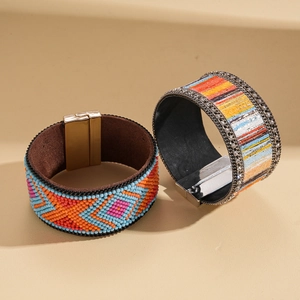 Bohemian wide leather bracelets with colorful resin patterns and magnetic clasp