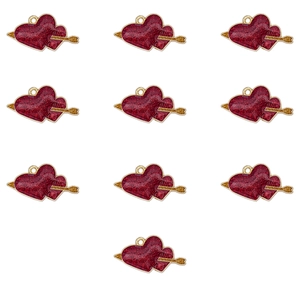 Macro view of 10 red glitter double heart metal charms for jewelry making