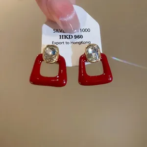 Elegant red geometric zircon stud earrings with gold plating and S925 silver needles