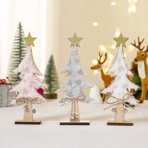 Christmas Tree Wooden Desktop Ornament Faux Fur With Metal Bell Glitter Star DIY Festive Table Decor