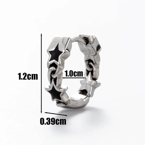 Vintage stainless steel huggie earring for men with embossed black star patterns