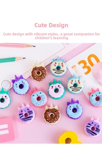 Close-up of cute unicorn and cat donut erasers in assorted macaron pastel colors