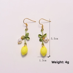 Detail view of yellow lemon flower earrings showing dimensions 5.5cm and 4g weight