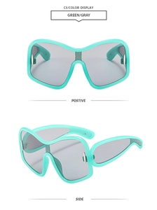 Detail view showing mint green chunky frame and metal hinge accent of Y2K sunglasses