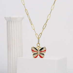 18K gold-plated butterfly pendant necklace with red and black enamel and zircons