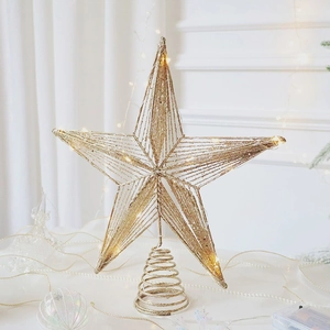Sparkling gold Christmas tree topper star with LED lights and glitter metal finish