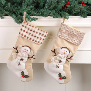 Christmas Stocking Gift Bags Linen Knit With 3D Snowman Earmuffs Scarf Plaid Striped Cuffs Rustic Fireplace Hanging Decor