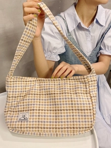Retro oversized wool plaid shoulder bag in blue and brown with wide strap and logo