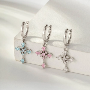 Copper Cross Pendant Hoop Earrings With Colorful Zirconia Dainty Huggie Ear Buckle Niche Elegant Jewelry
