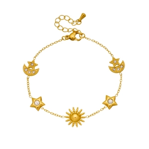 Gold-plated stainless steel bracelet featuring sun moon and star charms with zircons